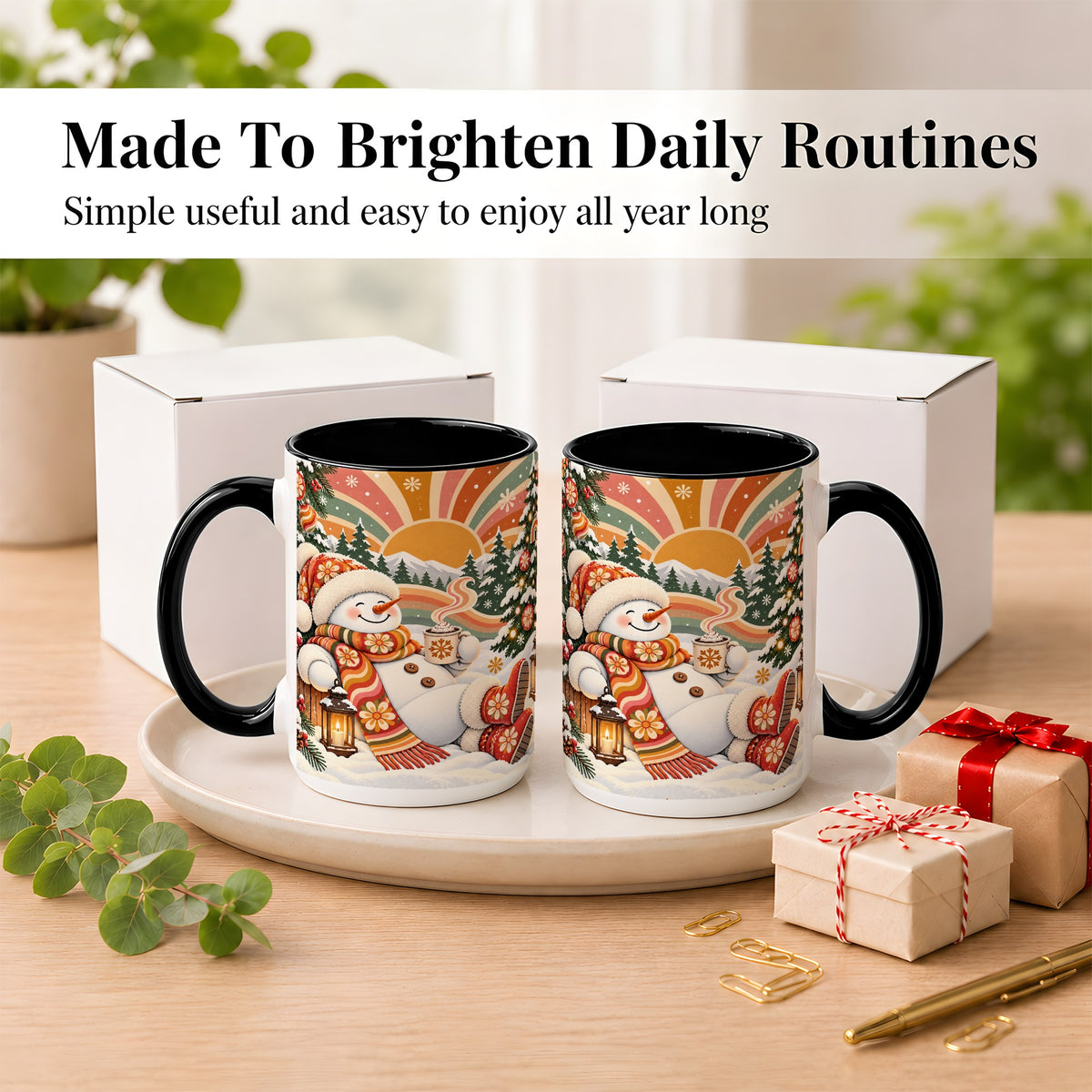 #pl[15oz|Black] Groovy Snowman Coffee Mug, Retro Christmas Mug, Ceramic Cup