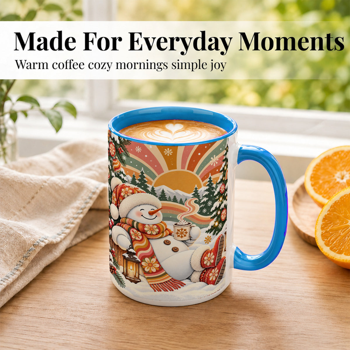 #pl[15oz|Blue] Groovy Snowman Coffee Mug, Retro Christmas Mug, Ceramic Cup
