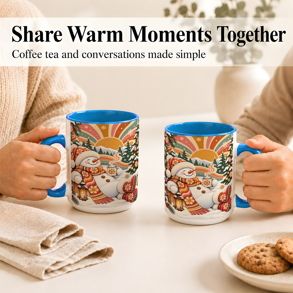 #pl[15oz|Blue] Groovy Snowman Coffee Mug, Retro Christmas Mug, Ceramic Cup