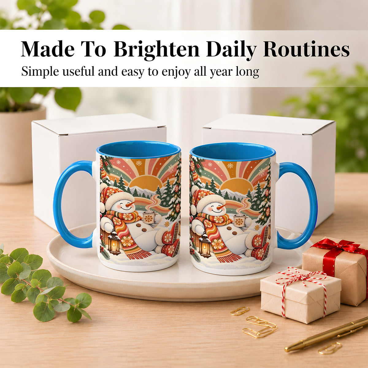 #pl[15oz|Blue] Groovy Snowman Coffee Mug, Retro Christmas Mug, Ceramic Cup