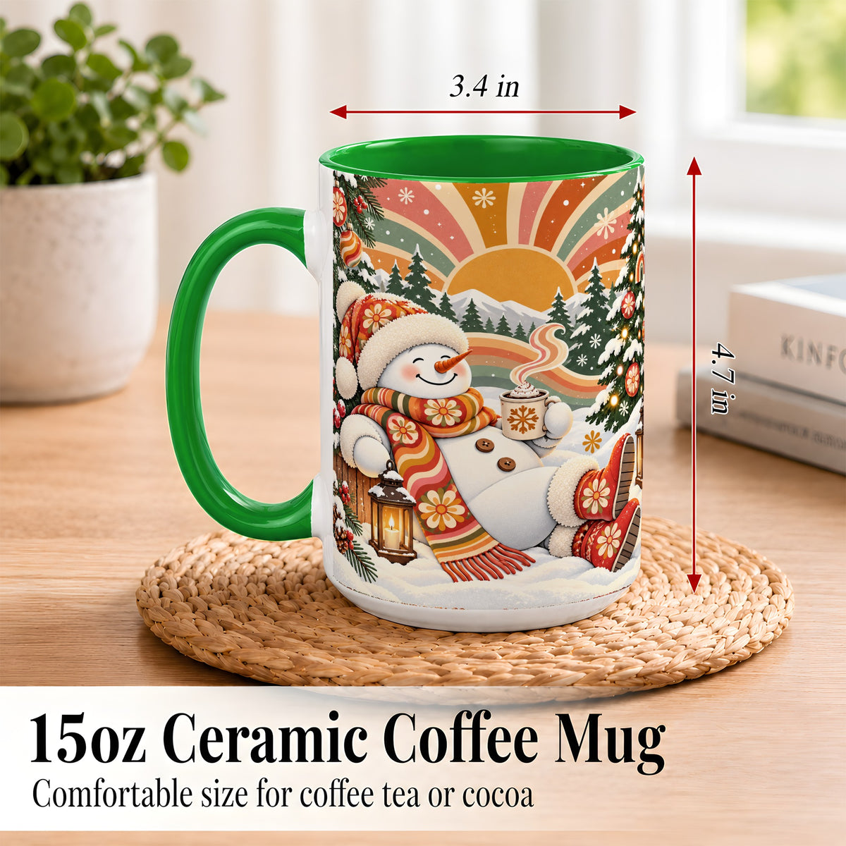 #pl[15oz|Green] Groovy Snowman Coffee Mug, Retro Christmas Mug, Ceramic Cup