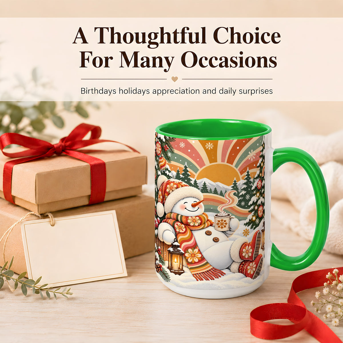#pl[15oz|Green] Groovy Snowman Coffee Mug, Retro Christmas Mug, Ceramic Cup