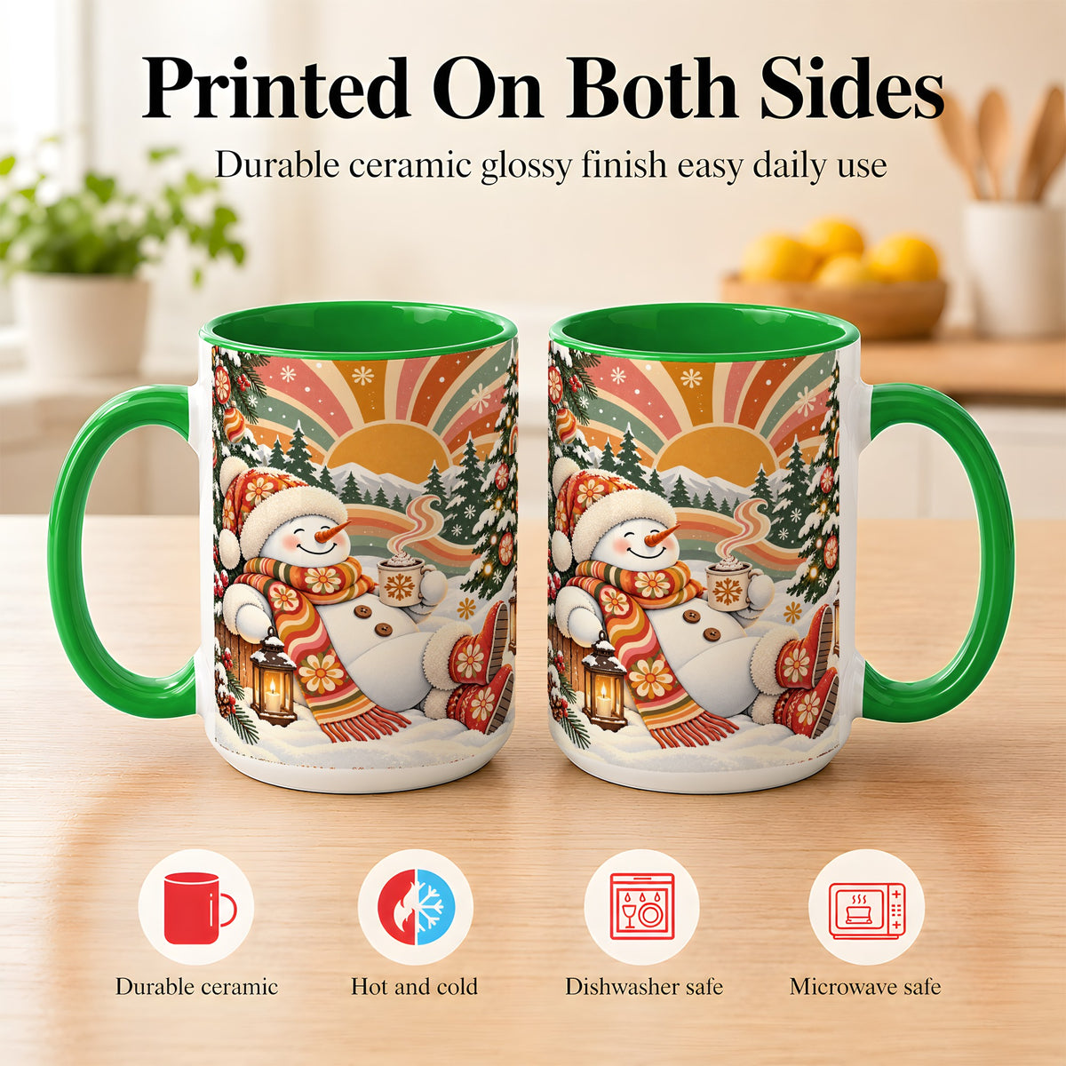 #pl[15oz|Green] Groovy Snowman Coffee Mug, Retro Christmas Mug, Ceramic Cup