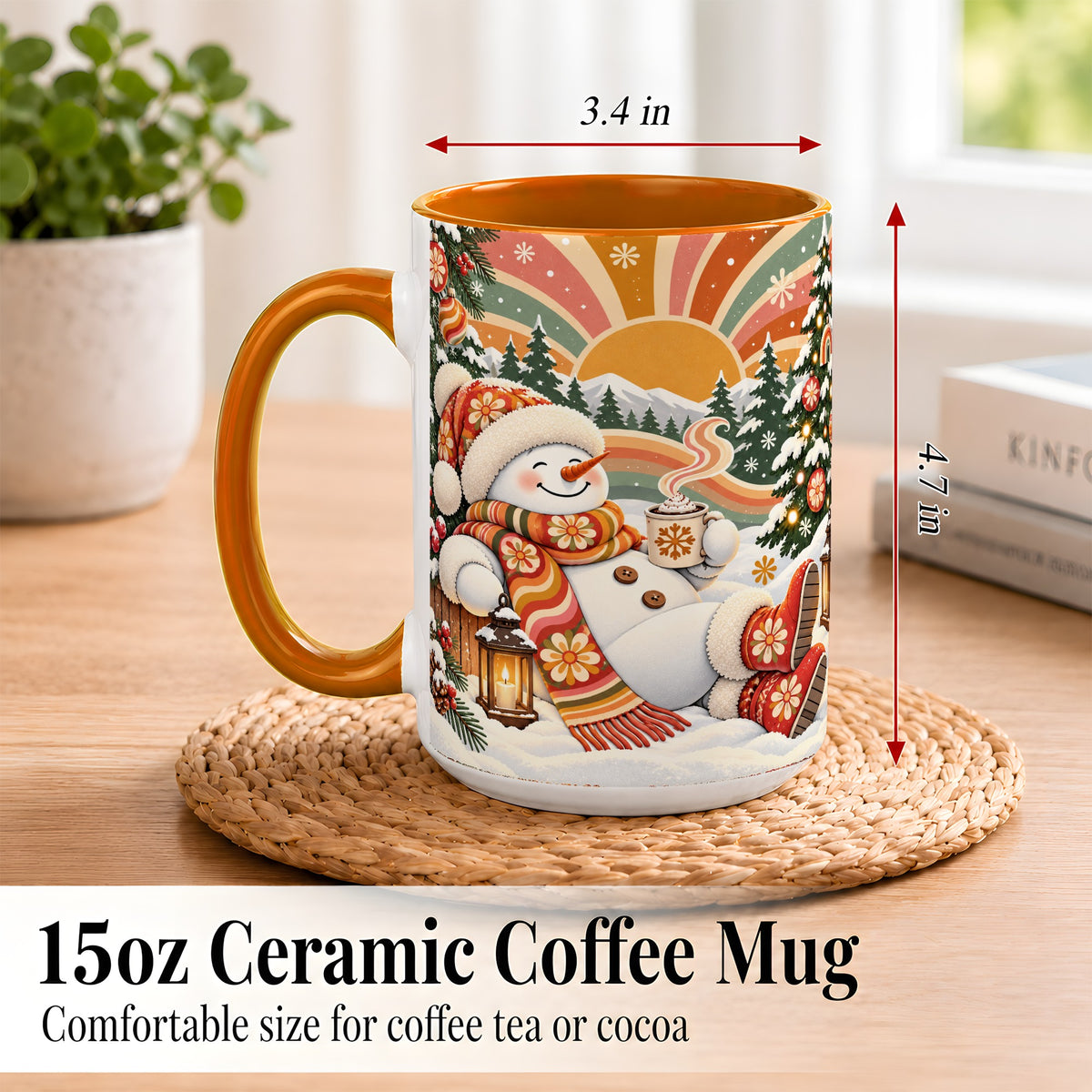 #pl[15oz|Orange] Groovy Snowman Coffee Mug, Retro Christmas Mug, Ceramic Cup
