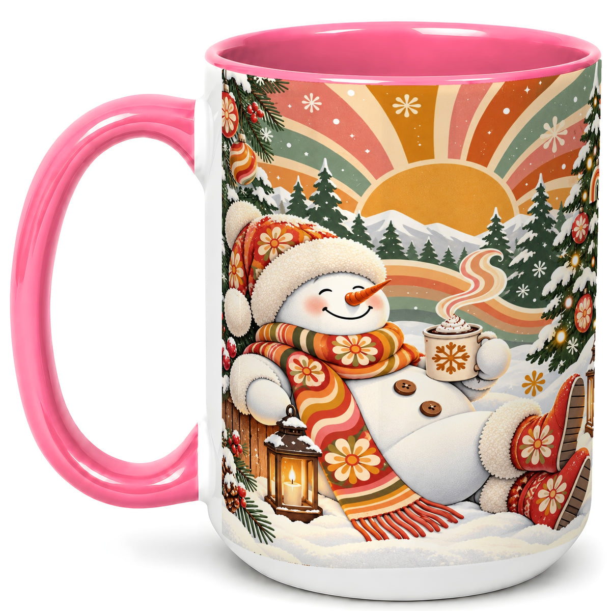 #pl[15oz|Pink] Groovy Snowman Coffee Mug, Retro Christmas Mug, Ceramic Cup