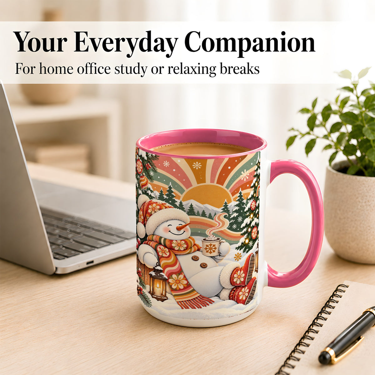 #pl[15oz|Pink] Groovy Snowman Coffee Mug, Retro Christmas Mug, Ceramic Cup