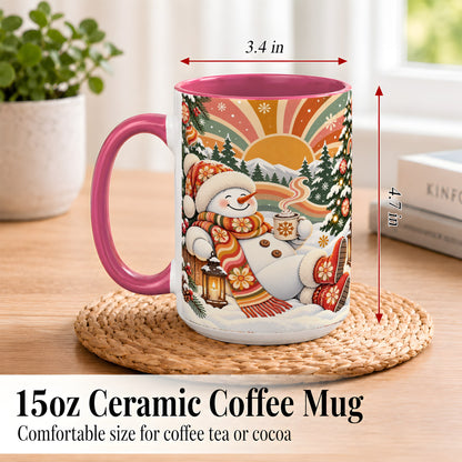#pl[15oz|Pink] Groovy Snowman Coffee Mug, Retro Christmas Mug, Ceramic Cup