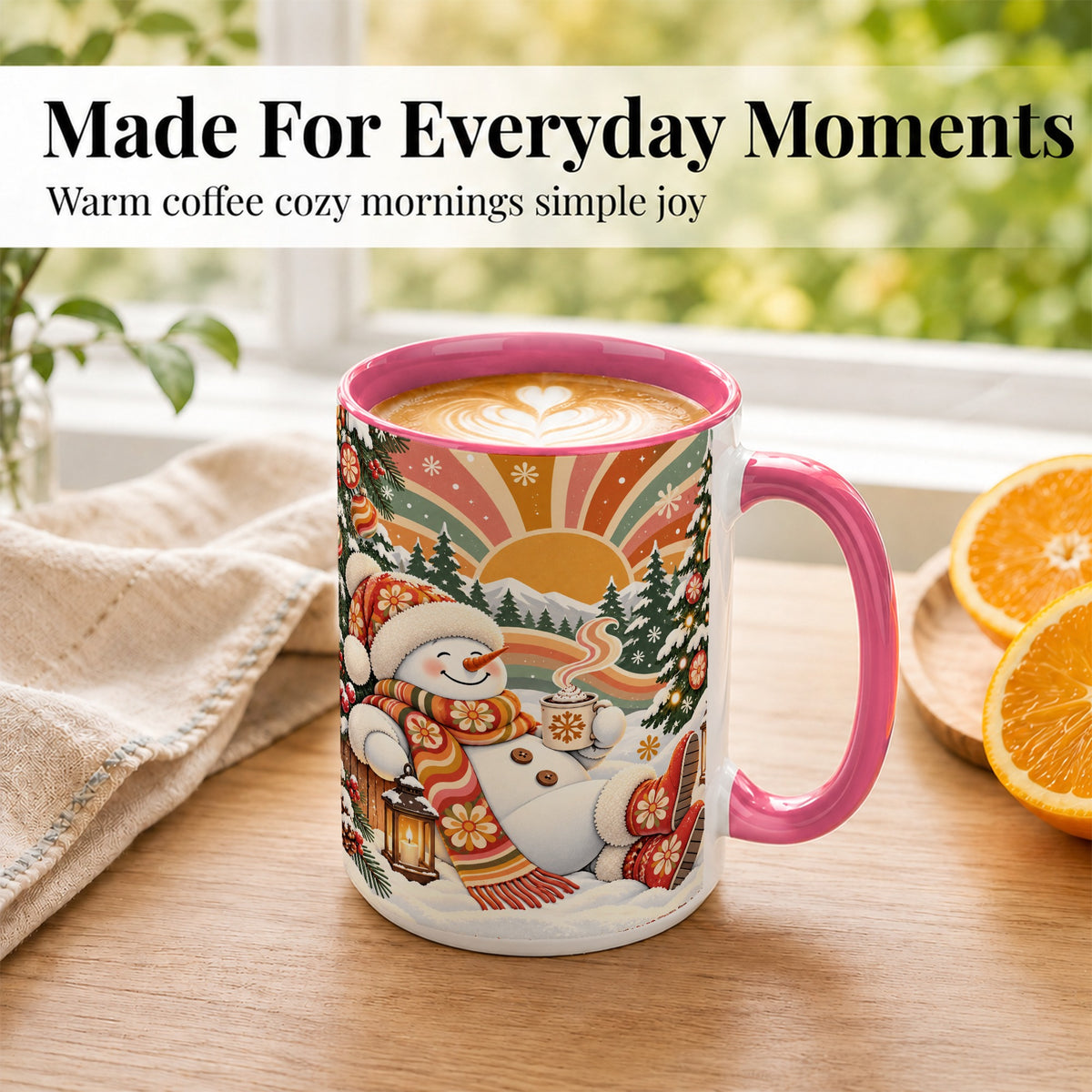 #pl[15oz|Pink] Groovy Snowman Coffee Mug, Retro Christmas Mug, Ceramic Cup