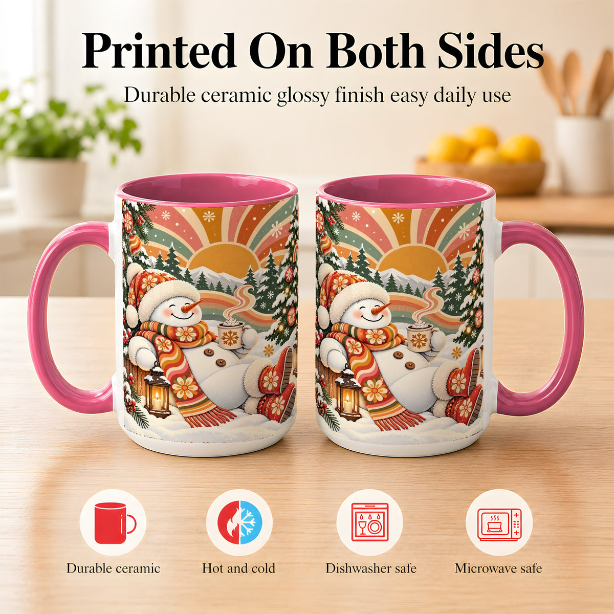 #pl[15oz|Pink] Groovy Snowman Coffee Mug, Retro Christmas Mug, Ceramic Cup