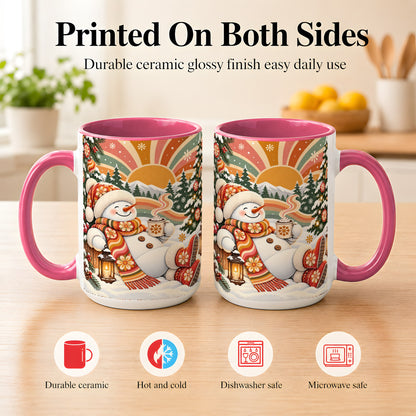 #pl[15oz|Pink] Groovy Snowman Coffee Mug, Retro Christmas Mug, Ceramic Cup