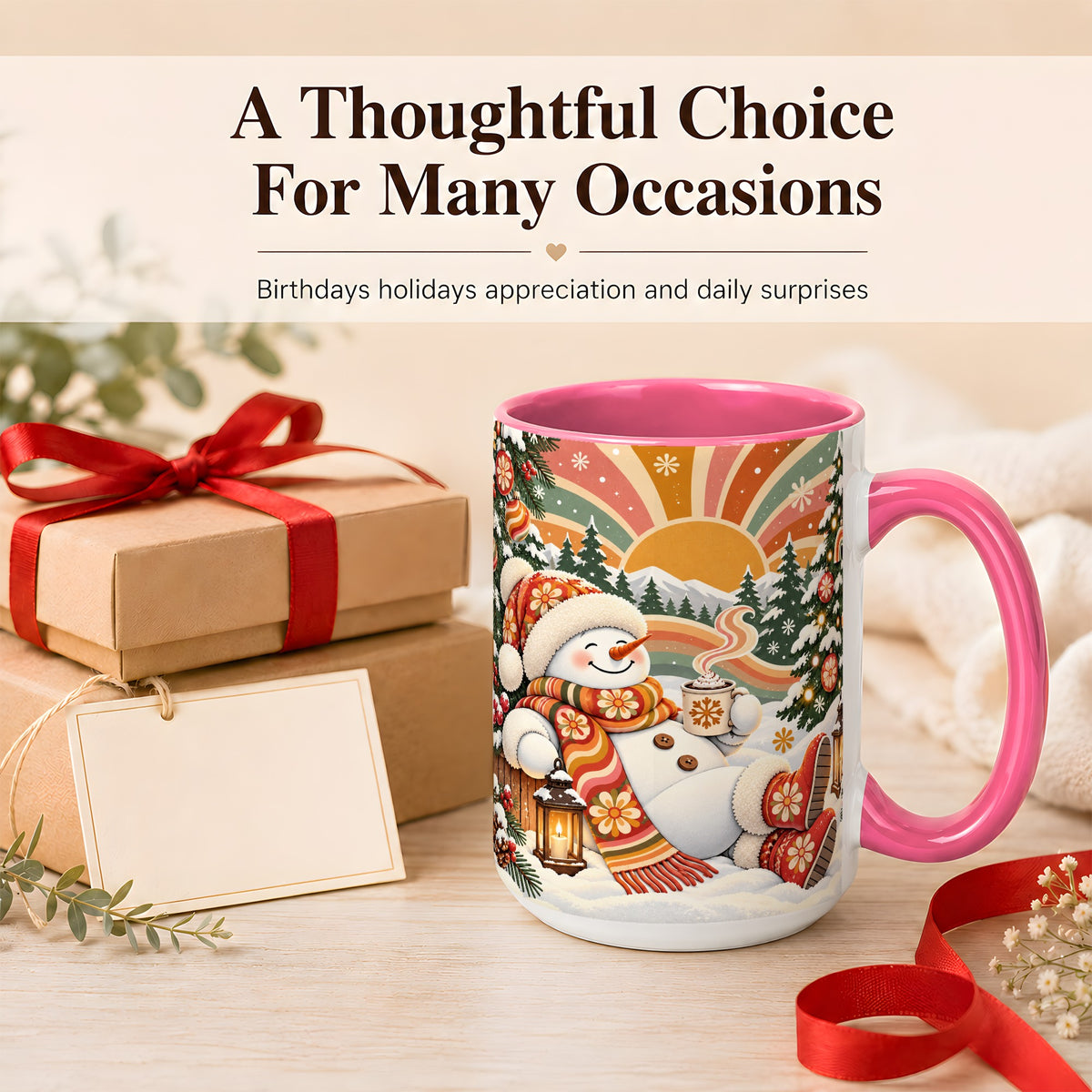 #pl[15oz|Pink] Groovy Snowman Coffee Mug, Retro Christmas Mug, Ceramic Cup