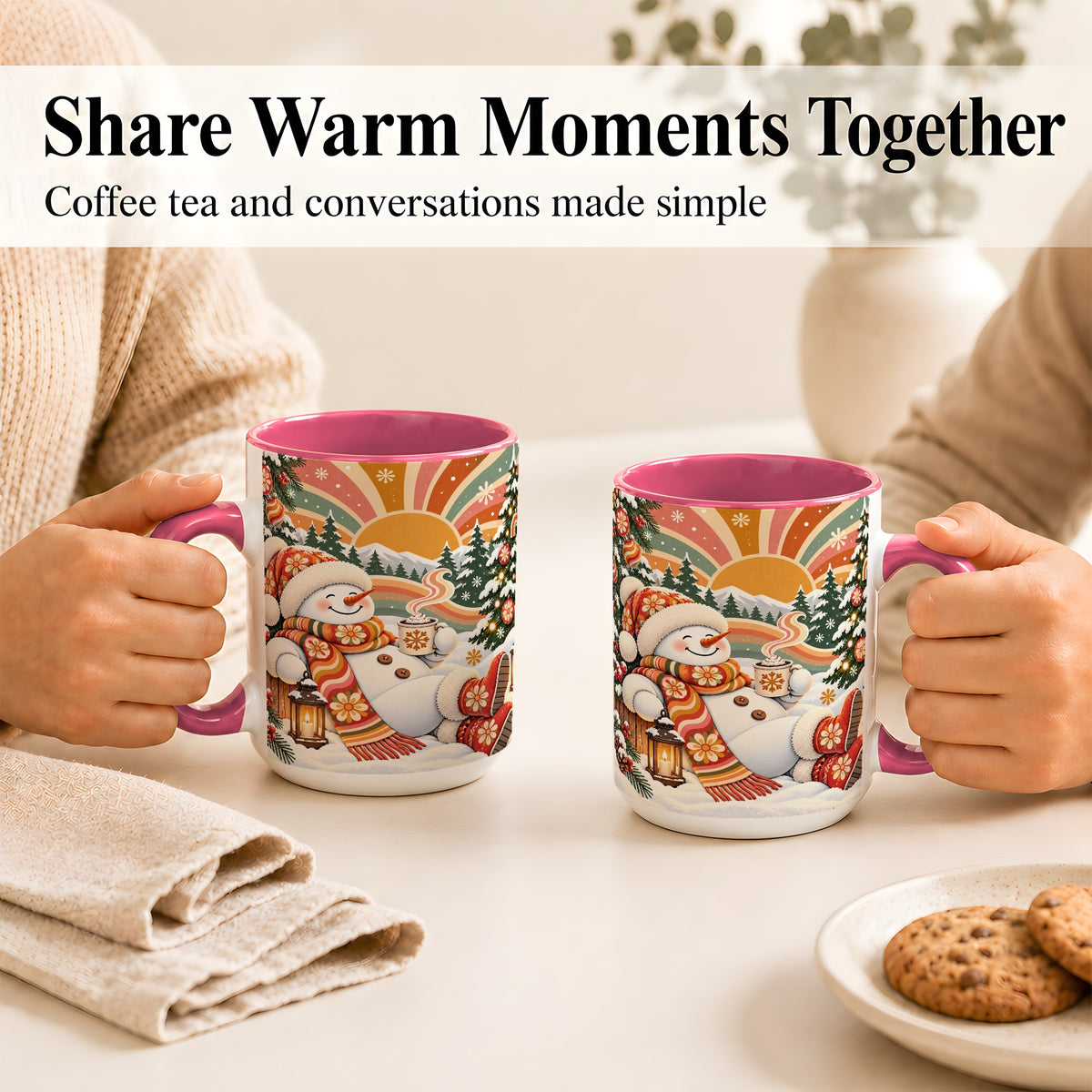 #pl[15oz|Pink] Groovy Snowman Coffee Mug, Retro Christmas Mug, Ceramic Cup