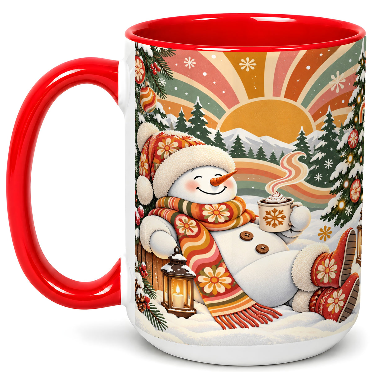 #pl[15oz|Red] Groovy Snowman Coffee Mug, Retro Christmas Mug, Ceramic Cup