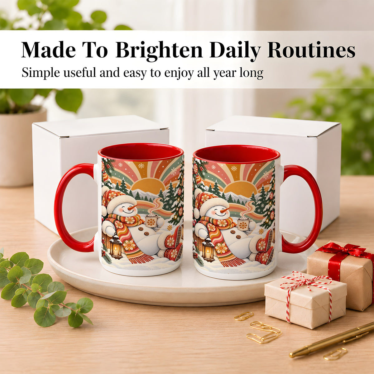 #pl[15oz|Red] Groovy Snowman Coffee Mug, Retro Christmas Mug, Ceramic Cup