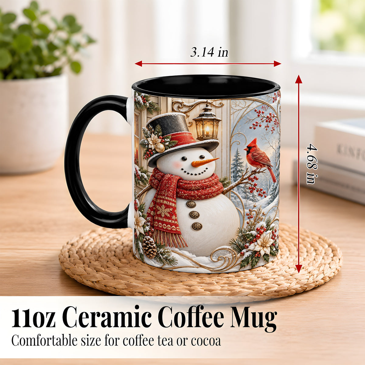 #pl[11oz|Black] Elegant Snowman Coffee Mug, Cardinal Christmas Mug, Ceramic Cup