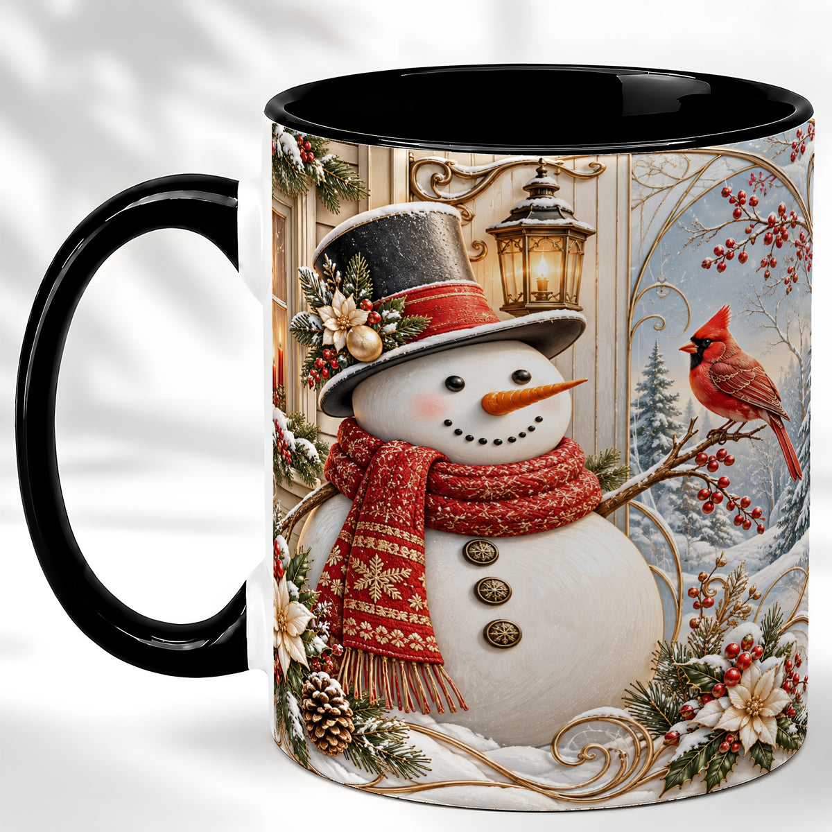 #pl[11oz|Black] Elegant Snowman Coffee Mug, Cardinal Christmas Mug, Ceramic Cup