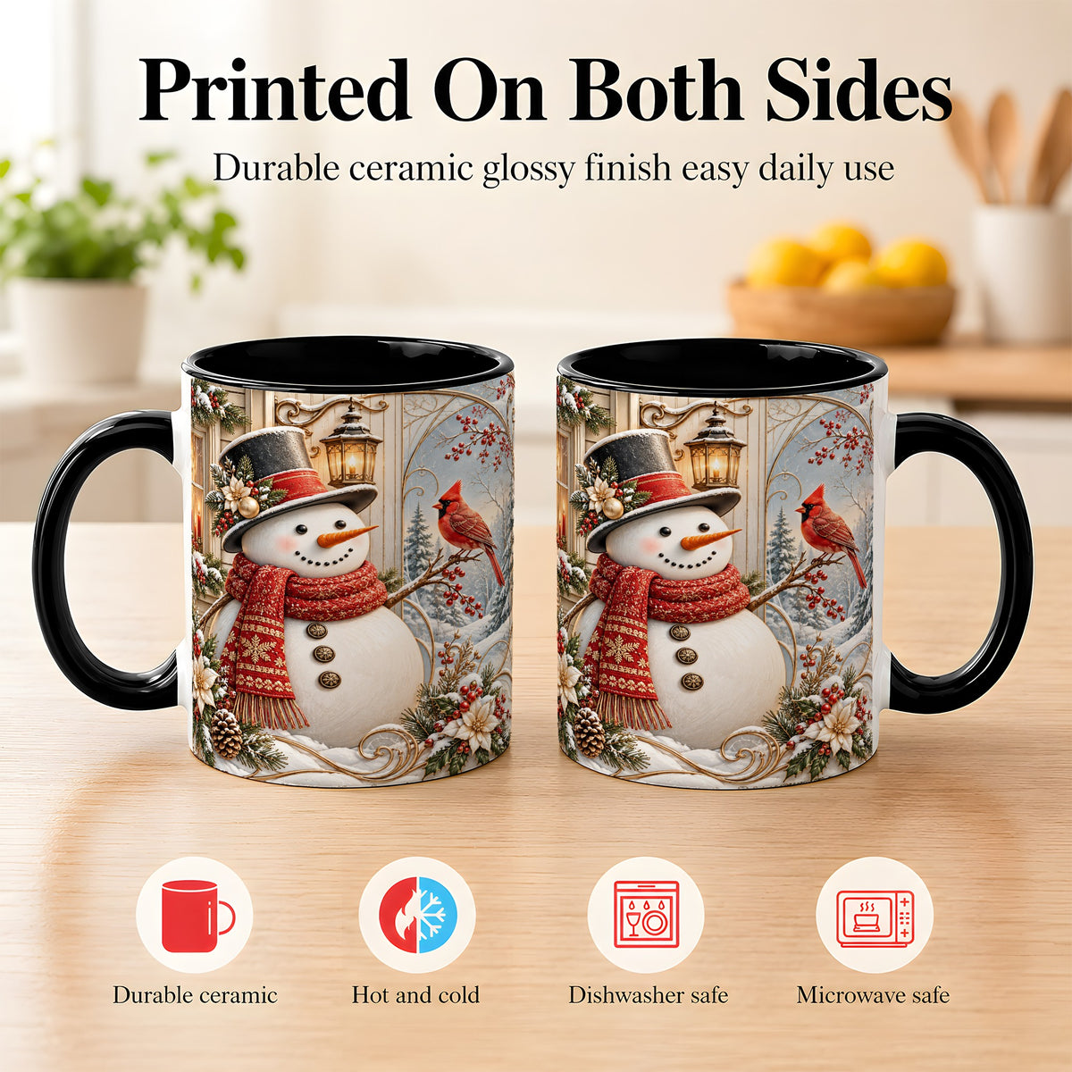 #pl[11oz|Black] Elegant Snowman Coffee Mug, Cardinal Christmas Mug, Ceramic Cup