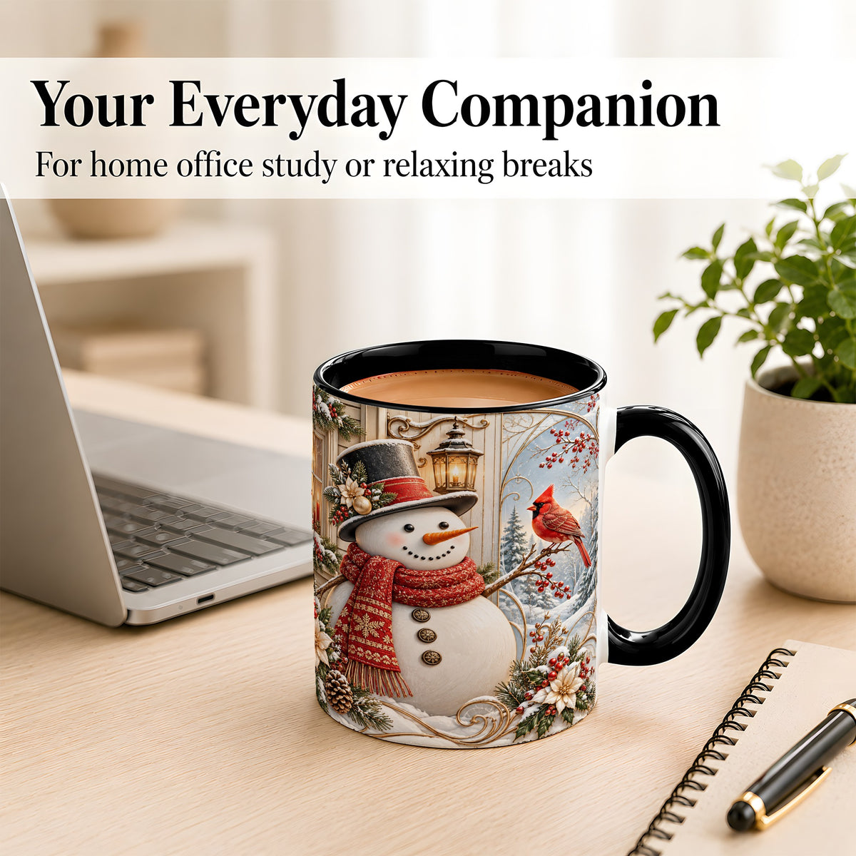 #pl[11oz|Black] Elegant Snowman Coffee Mug, Cardinal Christmas Mug, Ceramic Cup