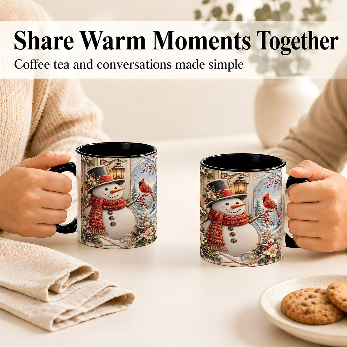 #pl[11oz|Black] Elegant Snowman Coffee Mug, Cardinal Christmas Mug, Ceramic Cup