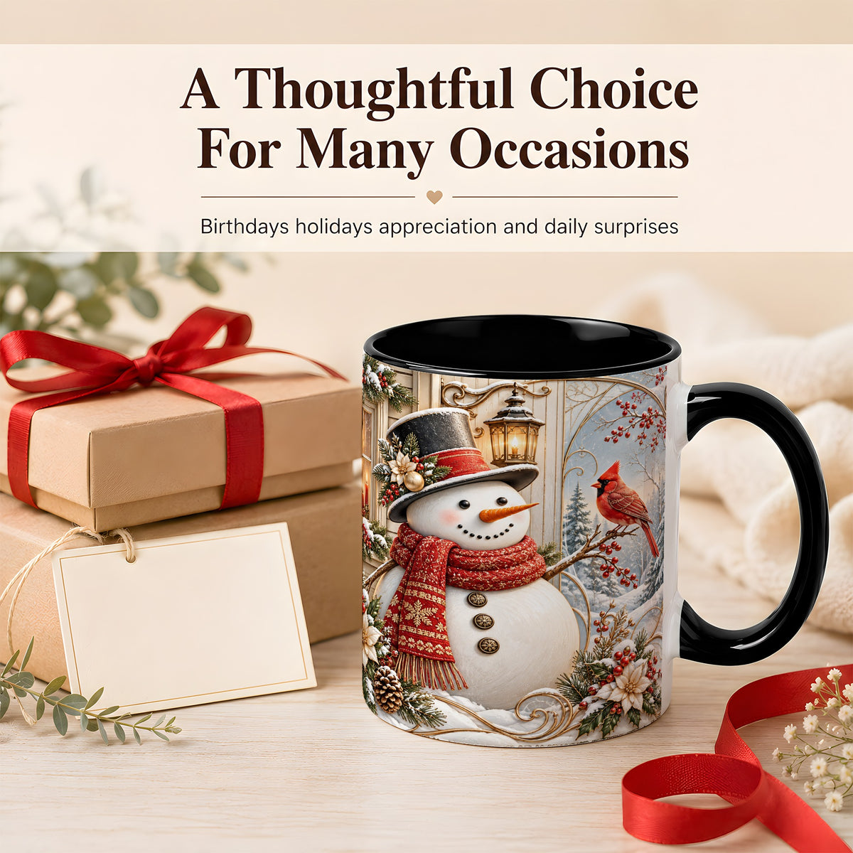#pl[11oz|Black] Elegant Snowman Coffee Mug, Cardinal Christmas Mug, Ceramic Cup