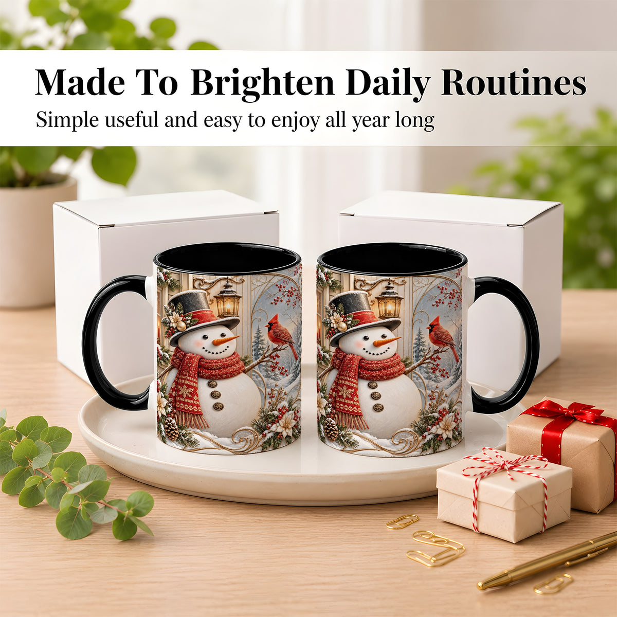 #pl[11oz|Black] Elegant Snowman Coffee Mug, Cardinal Christmas Mug, Ceramic Cup