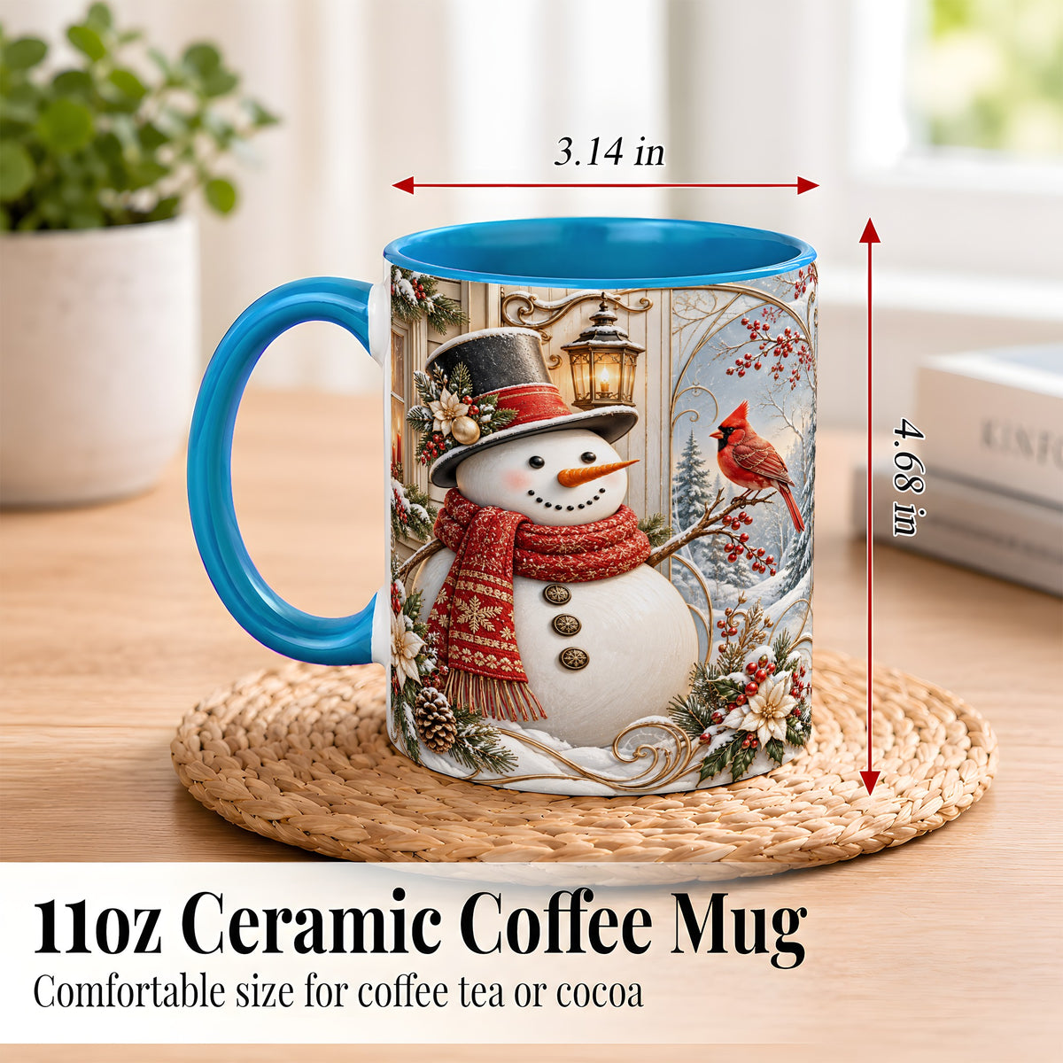 #pl[11oz|Blue] Elegant Snowman Coffee Mug, Cardinal Christmas Mug, Ceramic Cup