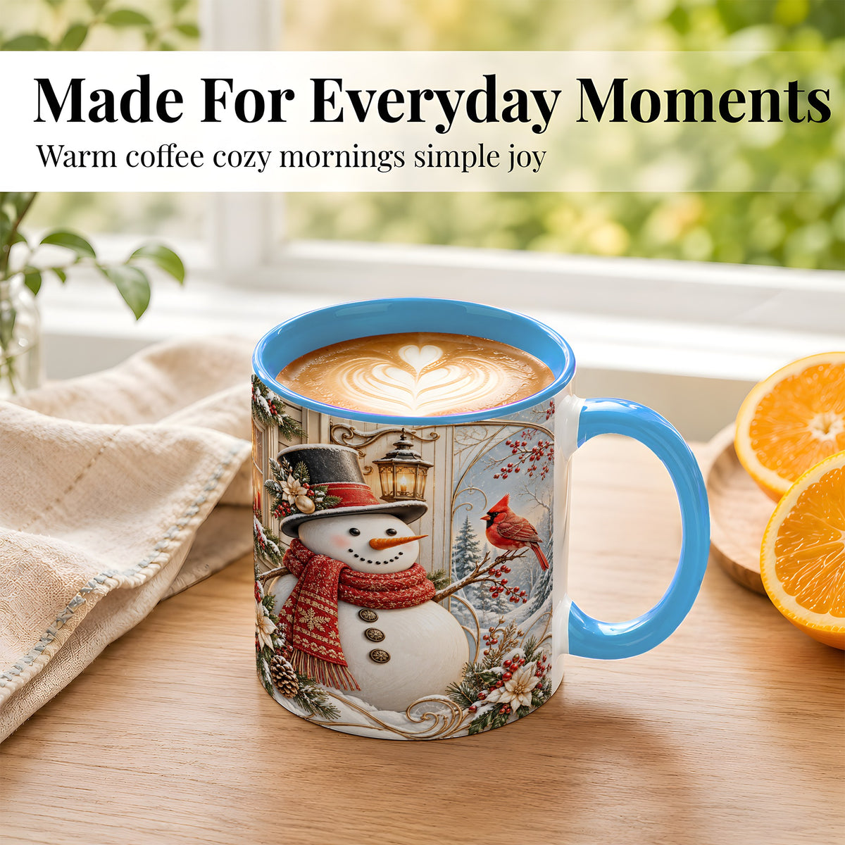 #pl[11oz|Blue] Elegant Snowman Coffee Mug, Cardinal Christmas Mug, Ceramic Cup
