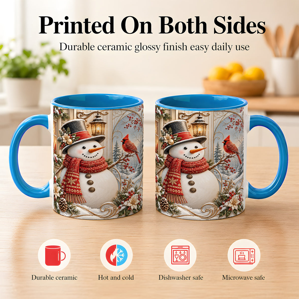 #pl[11oz|Blue] Elegant Snowman Coffee Mug, Cardinal Christmas Mug, Ceramic Cup