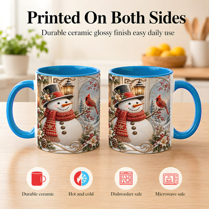 #pl[11oz|Blue] Elegant Snowman Coffee Mug, Cardinal Christmas Mug, Ceramic Cup