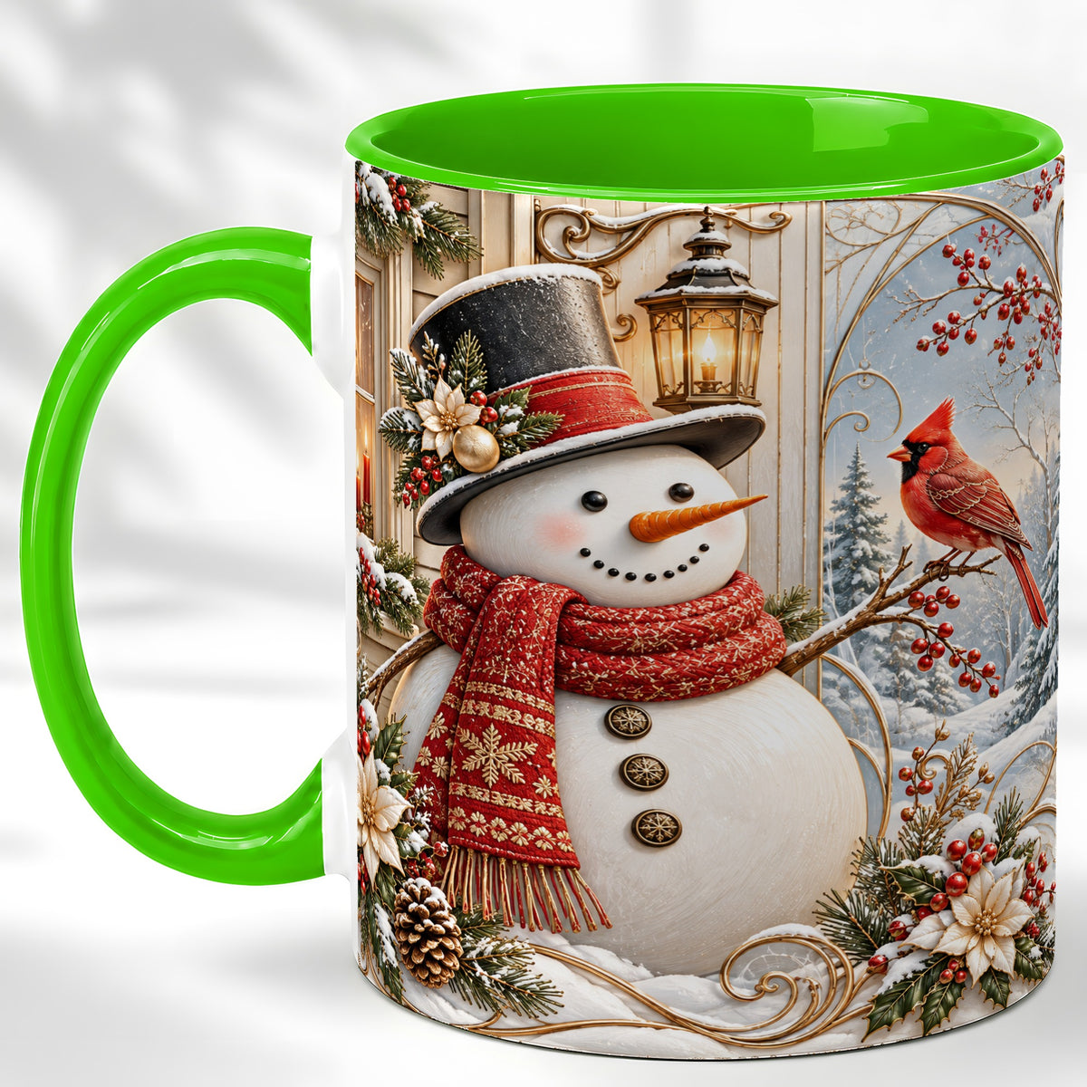 #pl[11oz|Green] Elegant Snowman Coffee Mug, Cardinal Christmas Mug, Ceramic Cup
