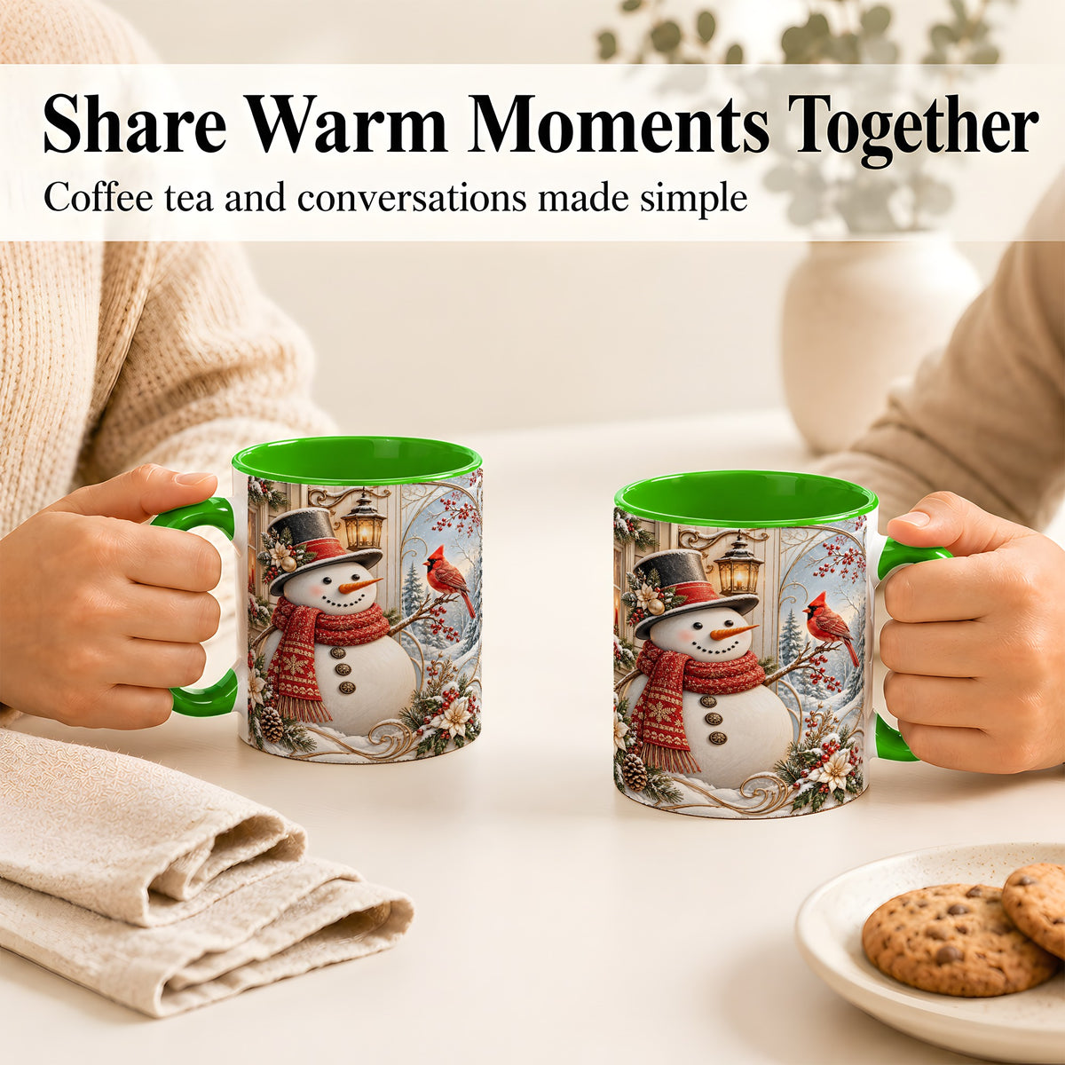 #pl[11oz|Green] Elegant Snowman Coffee Mug, Cardinal Christmas Mug, Ceramic Cup