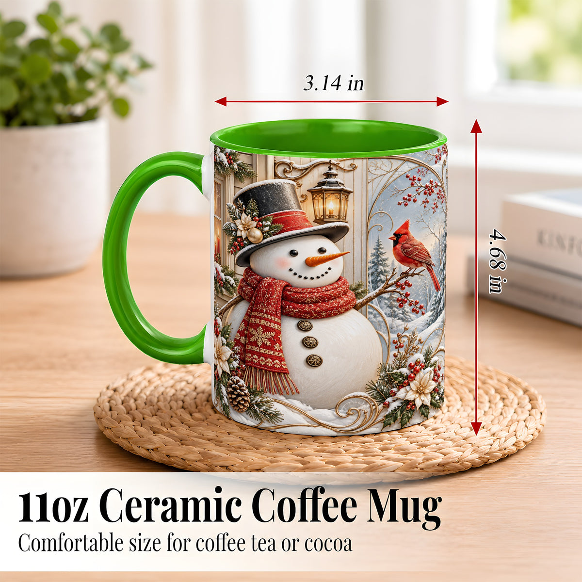 #pl[11oz|Green] Elegant Snowman Coffee Mug, Cardinal Christmas Mug, Ceramic Cup