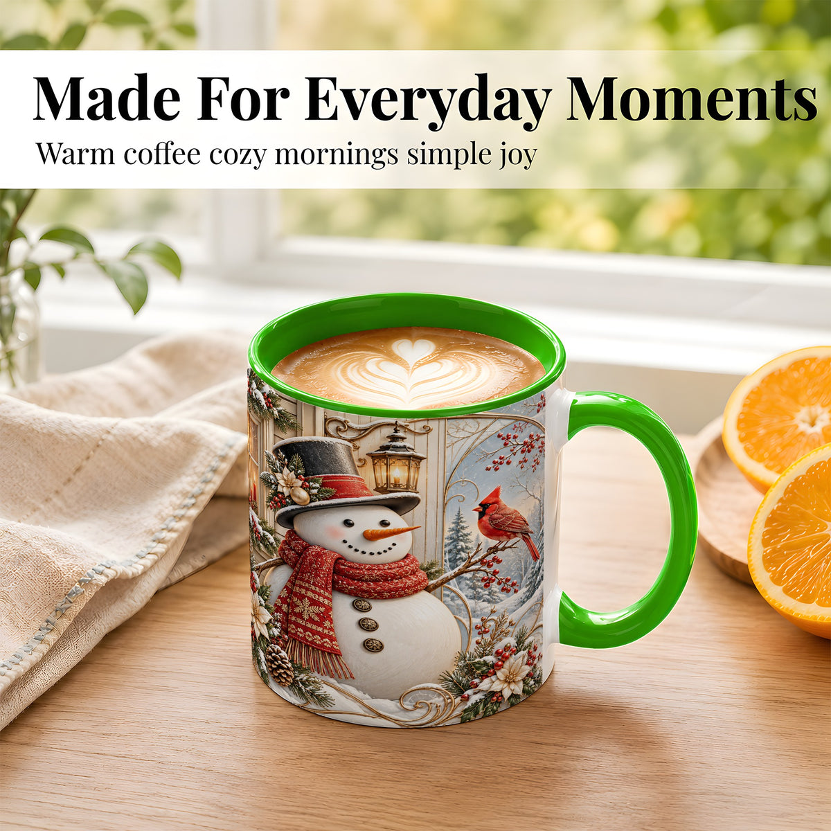 #pl[11oz|Green] Elegant Snowman Coffee Mug, Cardinal Christmas Mug, Ceramic Cup