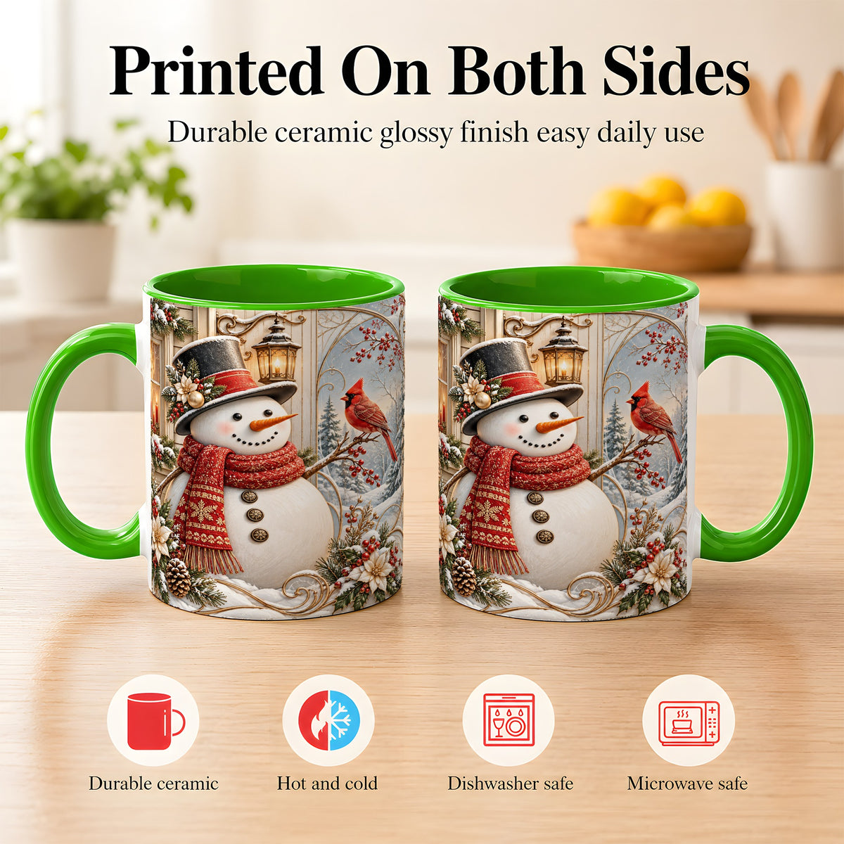 #pl[11oz|Green] Elegant Snowman Coffee Mug, Cardinal Christmas Mug, Ceramic Cup