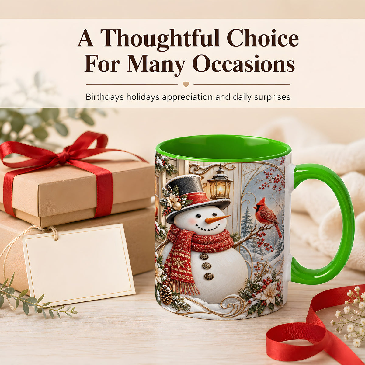 #pl[11oz|Green] Elegant Snowman Coffee Mug, Cardinal Christmas Mug, Ceramic Cup