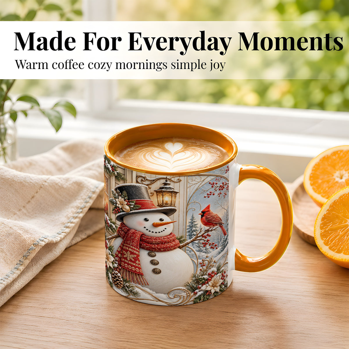 #pl[11oz|Orange] Elegant Snowman Coffee Mug, Cardinal Christmas Mug, Ceramic Cup
