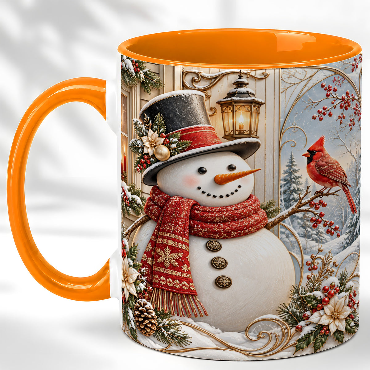 #pl[11oz|Orange] Elegant Snowman Coffee Mug, Cardinal Christmas Mug, Ceramic Cup