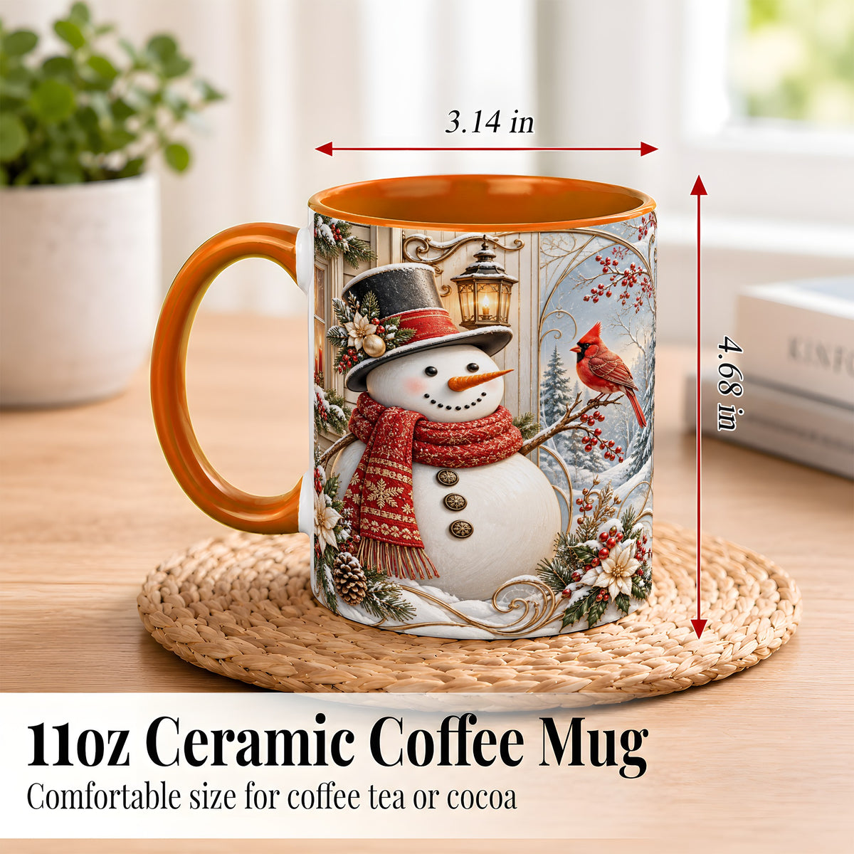 #pl[11oz|Orange] Elegant Snowman Coffee Mug, Cardinal Christmas Mug, Ceramic Cup