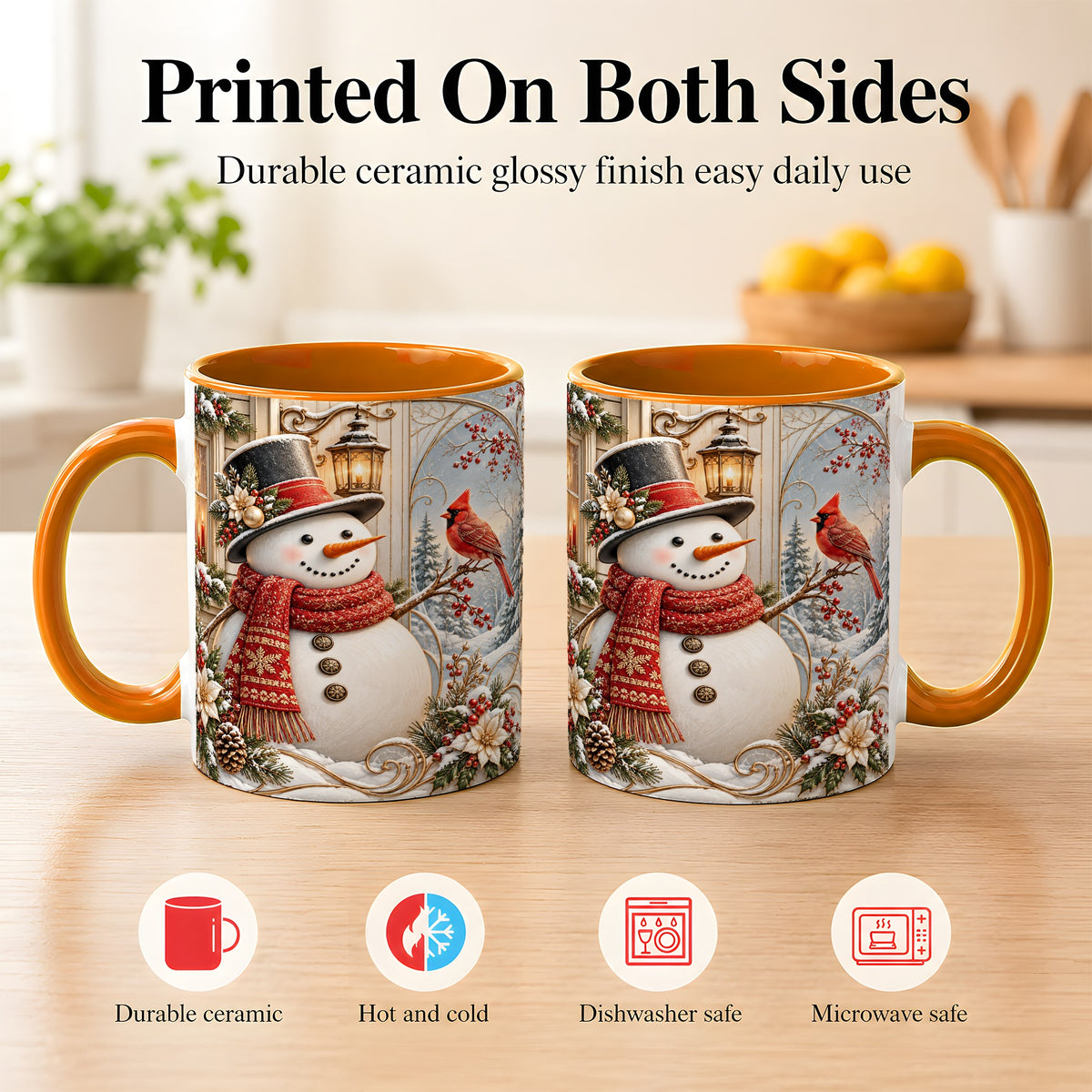 #pl[11oz|Orange] Elegant Snowman Coffee Mug, Cardinal Christmas Mug, Ceramic Cup
