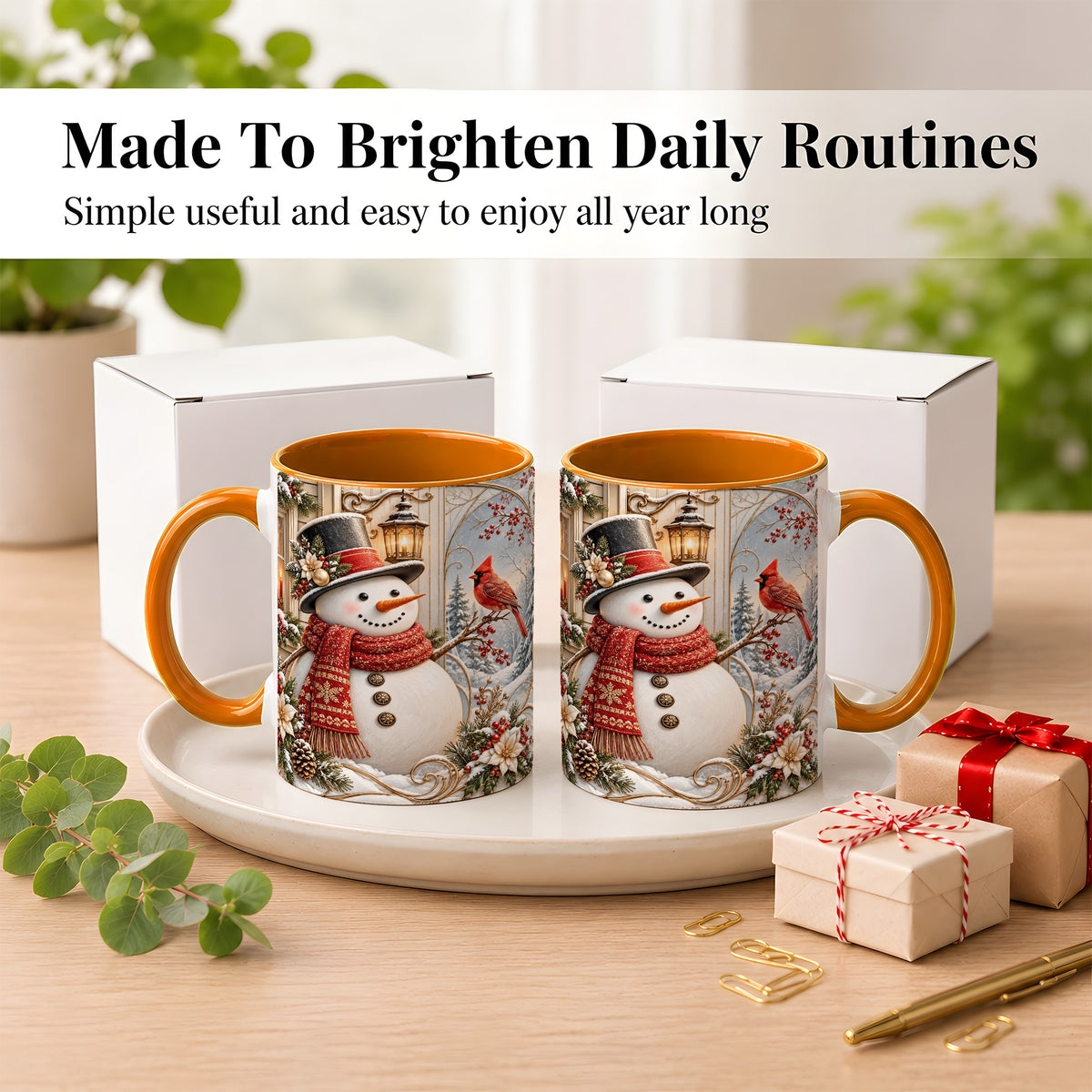 #pl[11oz|Orange] Elegant Snowman Coffee Mug, Cardinal Christmas Mug, Ceramic Cup