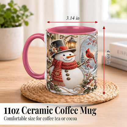 #pl[11oz|Pink] Elegant Snowman Coffee Mug, Cardinal Christmas Mug, Ceramic Cup