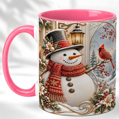 #pl[11oz|Pink] Elegant Snowman Coffee Mug, Cardinal Christmas Mug, Ceramic Cup