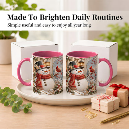 #pl[11oz|Pink] Elegant Snowman Coffee Mug, Cardinal Christmas Mug, Ceramic Cup