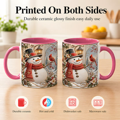 #pl[11oz|Pink] Elegant Snowman Coffee Mug, Cardinal Christmas Mug, Ceramic Cup