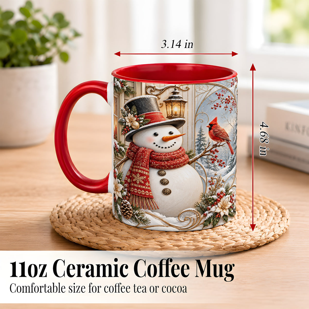 #pl[11oz|Red] Elegant Snowman Coffee Mug, Cardinal Christmas Mug, Ceramic Cup