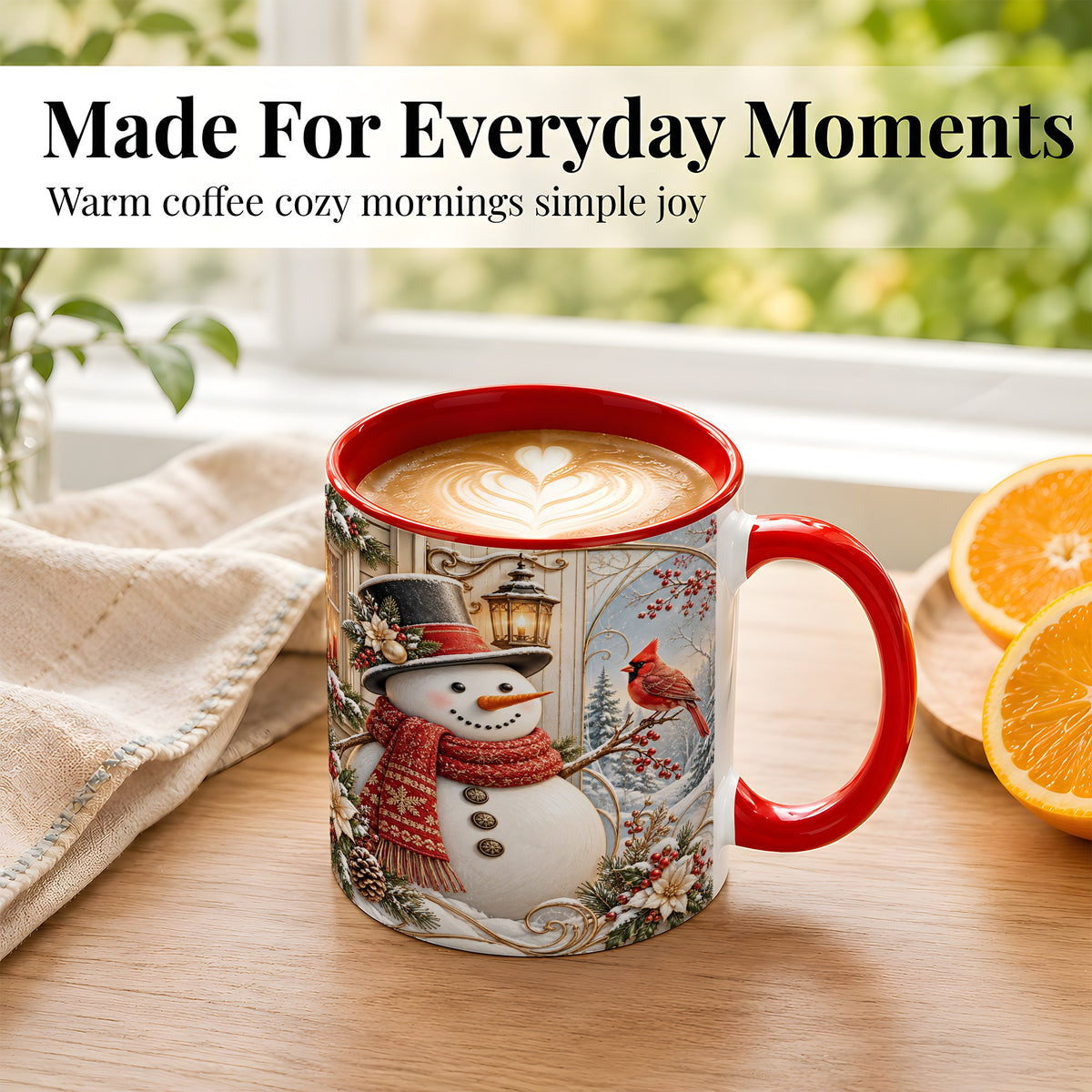 #pl[11oz|Red] Elegant Snowman Coffee Mug, Cardinal Christmas Mug, Ceramic Cup