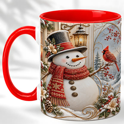 Elegant Snowman Coffee Mug, Cardinal Christmas Mug, Ceramic Cup