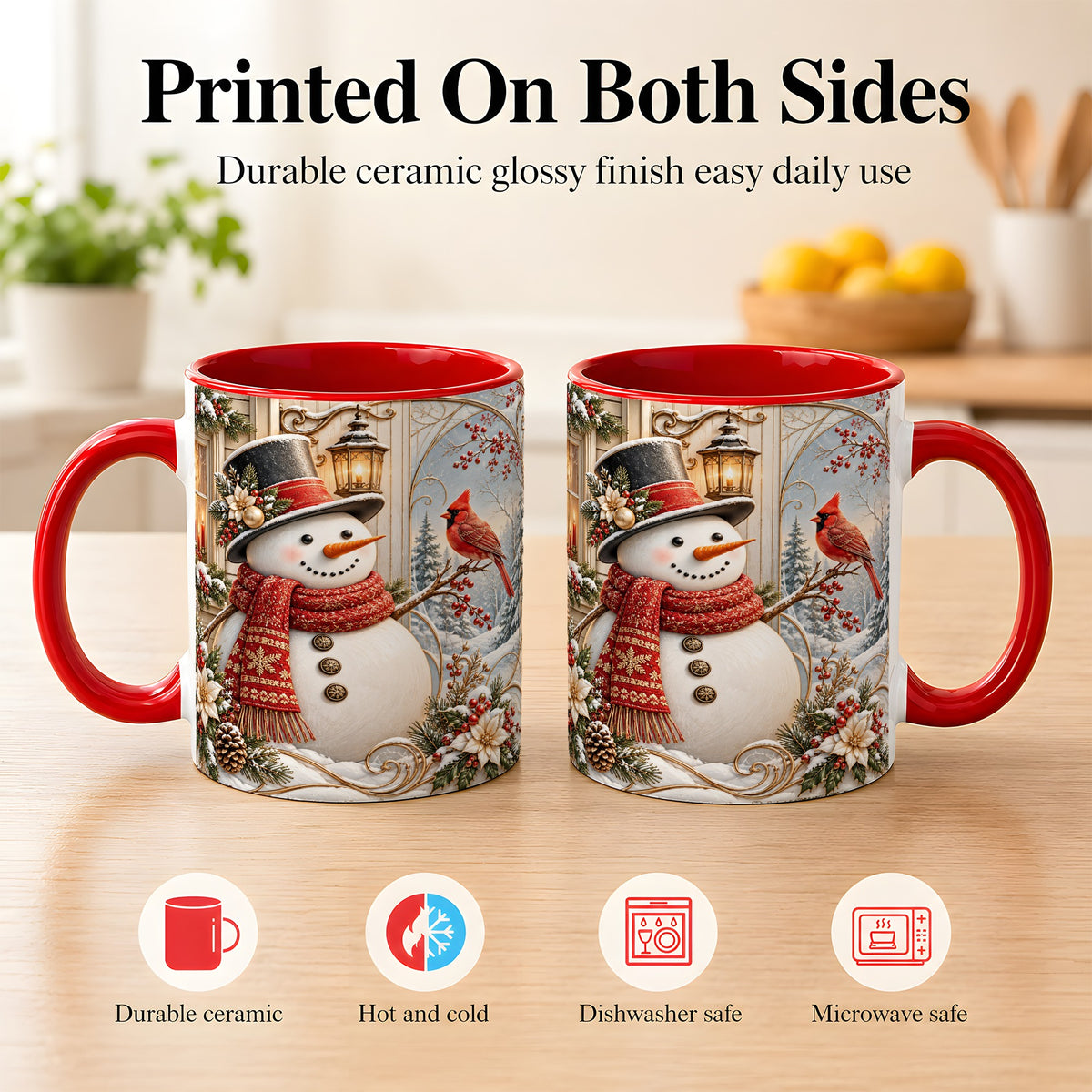 #pl[11oz|Red] Elegant Snowman Coffee Mug, Cardinal Christmas Mug, Ceramic Cup