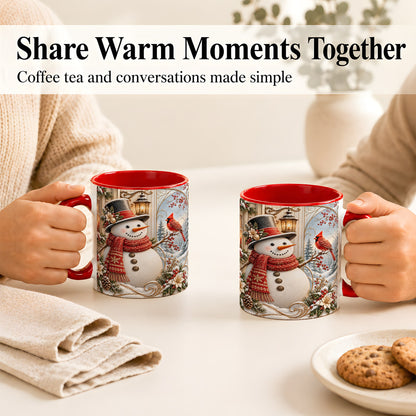 #pl[11oz|Red] Elegant Snowman Coffee Mug, Cardinal Christmas Mug, Ceramic Cup