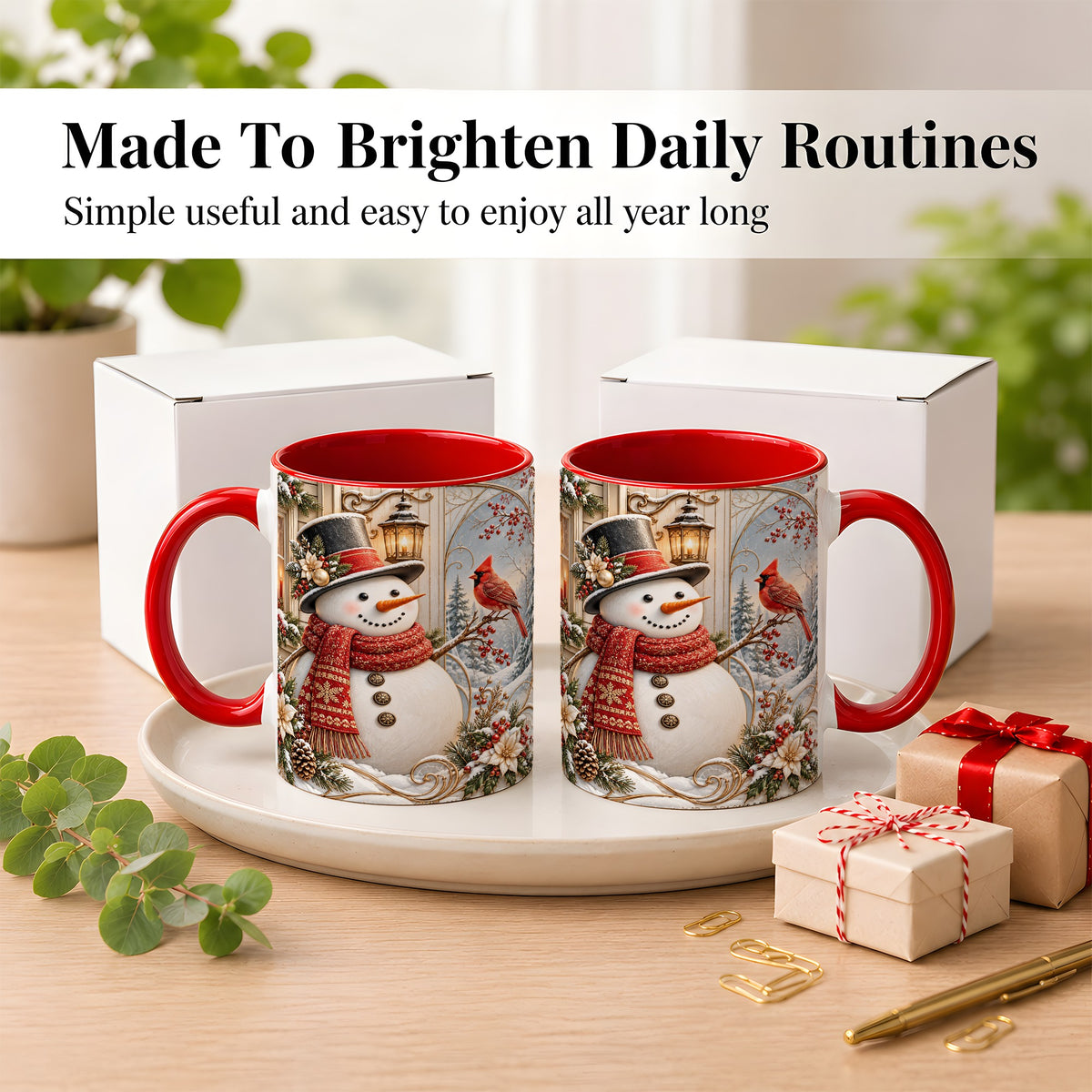 #pl[11oz|Red] Elegant Snowman Coffee Mug, Cardinal Christmas Mug, Ceramic Cup